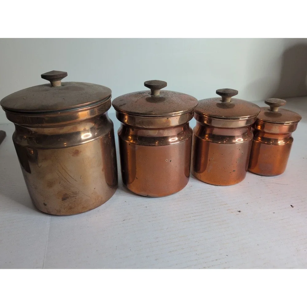 Lot Of 4 Vintage Copper Containers Sugar Flour Countertop Pantry Made In Italy
